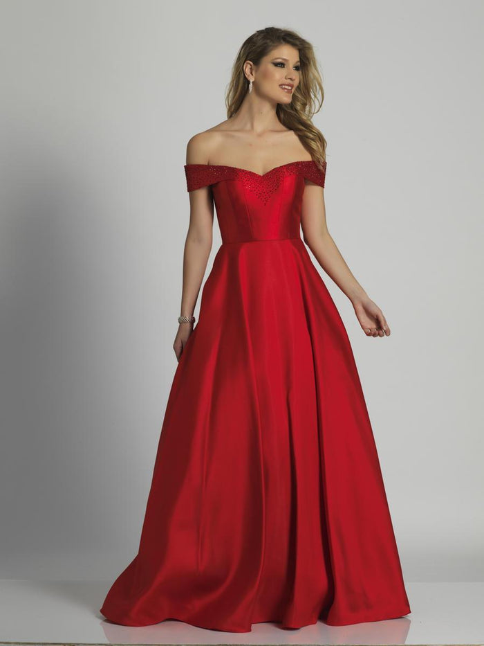 Dave & Johnny - A6251 Gem-Dotted Sleek Off-Shoulder A-line Gown - 1 pc Red In Size 8 Available CCSALE 8 / Red
