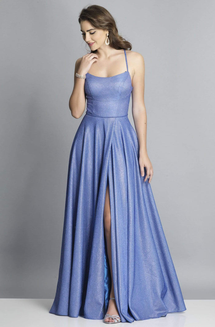 Dave & Johnny - A6933 Pleated A-Line Evening Dress with Slit Evening Dresses 00 / Saphire Blue