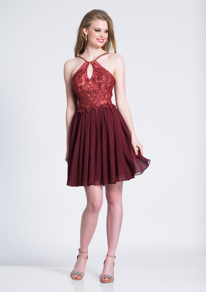 Dave & Johnny - A7050 Embroidered Halter Neck A-line Cocktail Dress Special Occasion Dress 00 / Burgundy