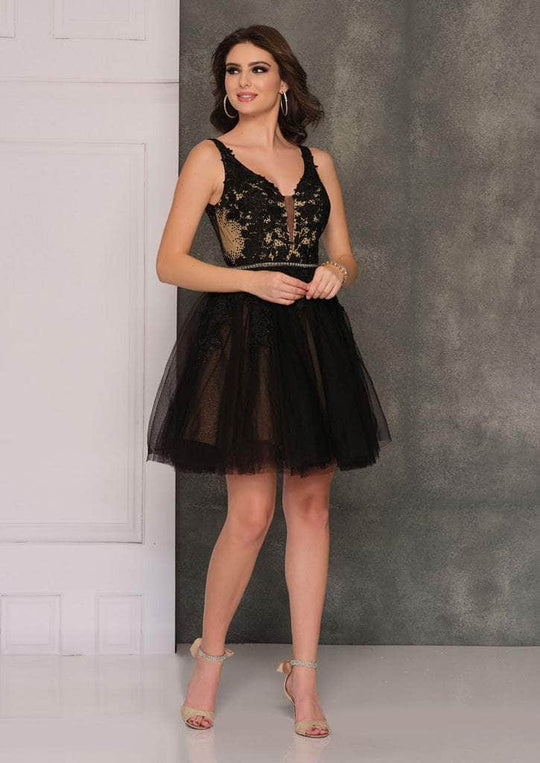 Dave & Johnny - A8341 Pearl-Beaded Waist Appliqued Tulle Dress