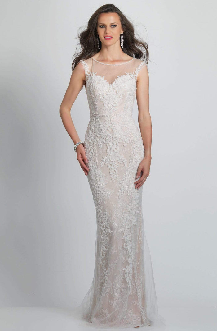Dave & Johnny - A8442W Illusion Bateau Embroidered Sheath Gown Formal Gowns 00 / Ivory