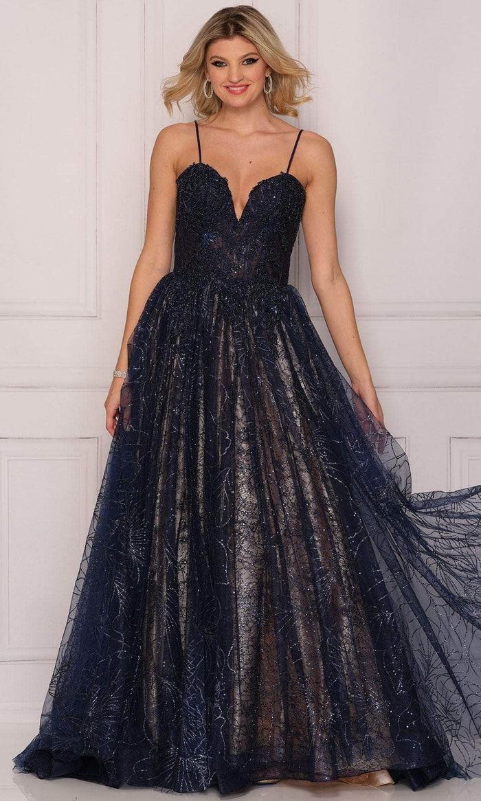 Dave & Johnny A9967 - Sequined Tulle Embellished Evening Gown Prom Dresses 00 / Navy Blue
