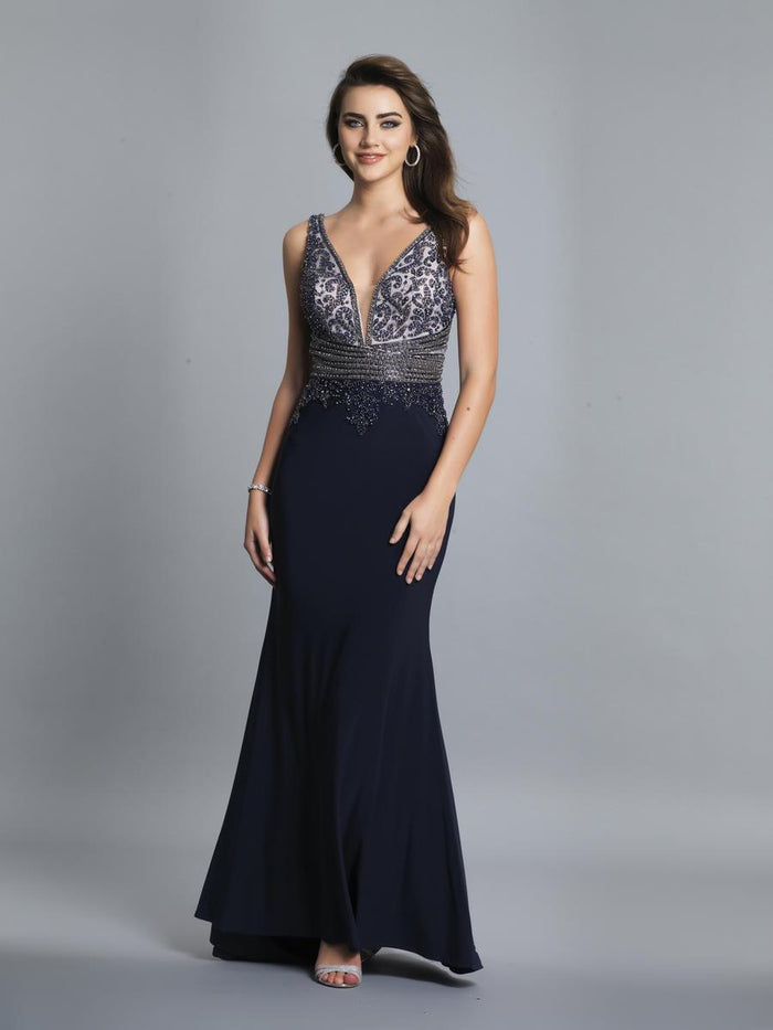 Dave & Johnny - Adorned Empire Waist Sleeveless Mermaid Gown A7429 - 1 pc. Navy Blue in size 4 and 1 pc Emerald In Size 6 Available CCSALE 4 / Navy Blue