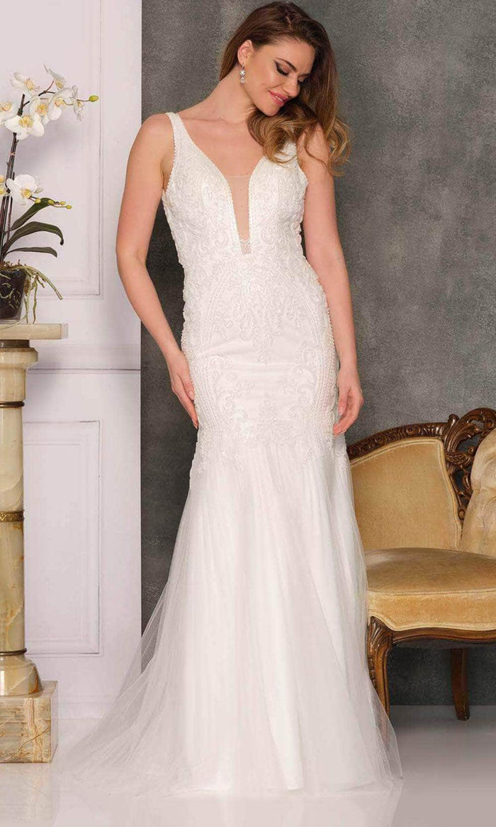 Dave & Johnny Bridal A10382 - Deep Neckline Bridal Gown Special Occasion Dress 0 / Ivory