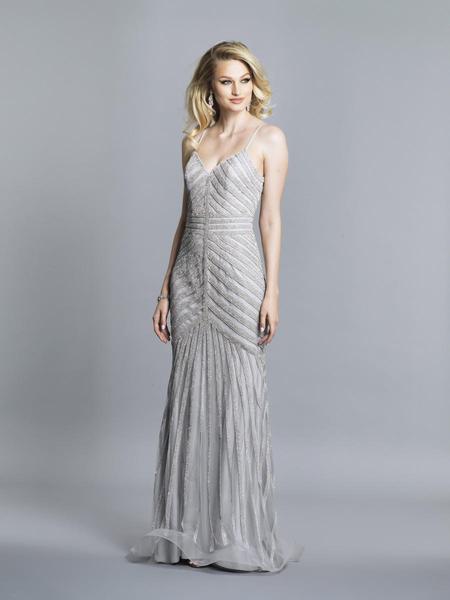 Dave & Johnny - Embellished V-neck Trumpet Dress With Train 3751 - 1 pc Silver In Size 0 Available CCSALE 0 / Silver
