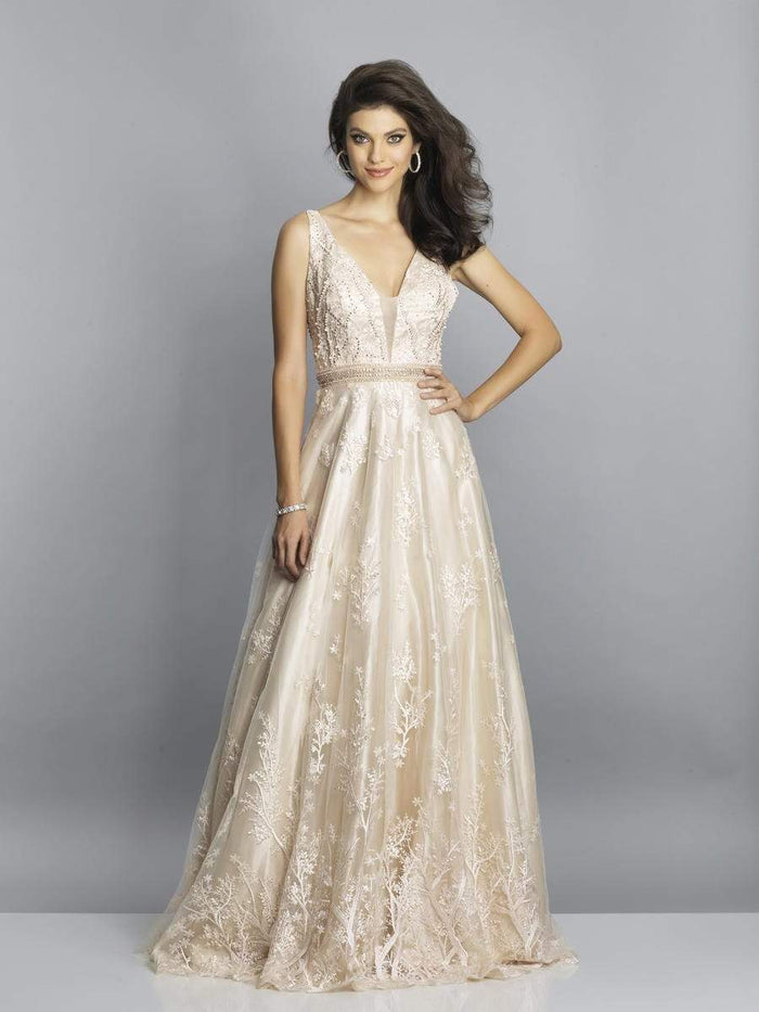 Dave & Johnny - Embroidered V-Neck Long A-Line Dress A7702 - 1 pc Sand In Size 10 Available CCSALE 10 / Sand