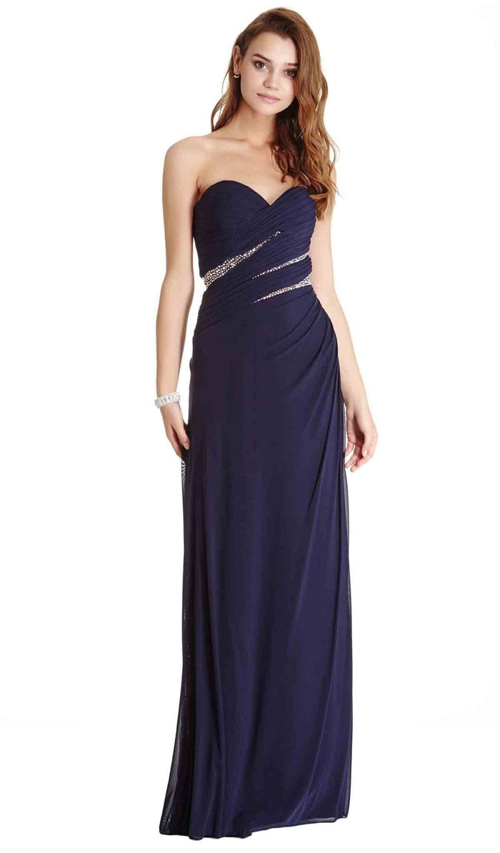 Diagonally Embellished Pleated Evening Dress Dress XXS / Navy