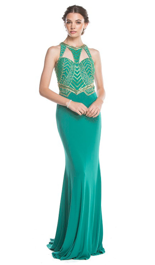 Elegant Embellished Halter Sheath Prom Dress Dress XXS / Emerald