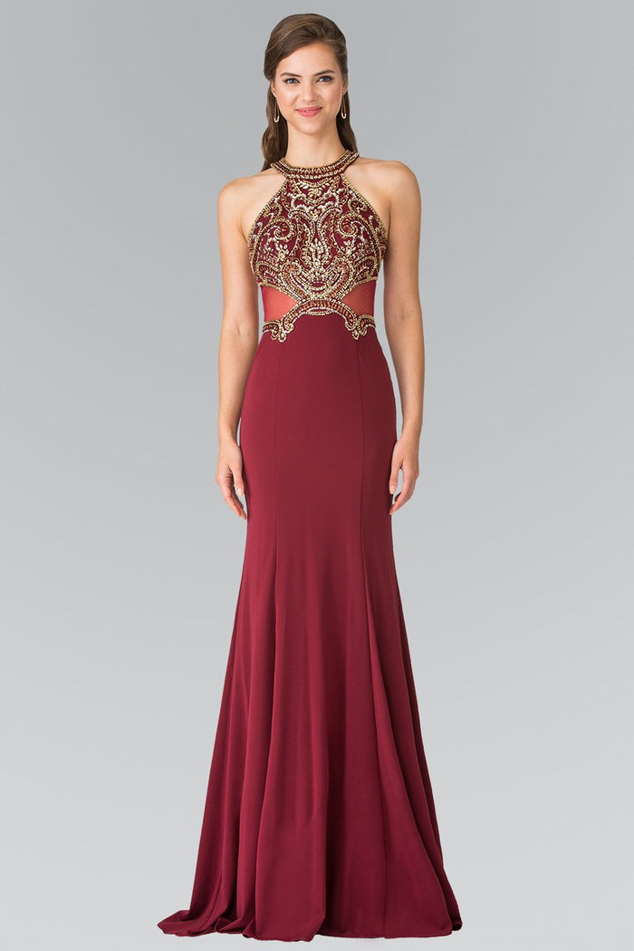 Elizabeth K - Bead Embellished Halter Sheer Back Evening Gown GL2328 - 1 pc Burgundy In Size XS Available CCSALE XS / Burgundy