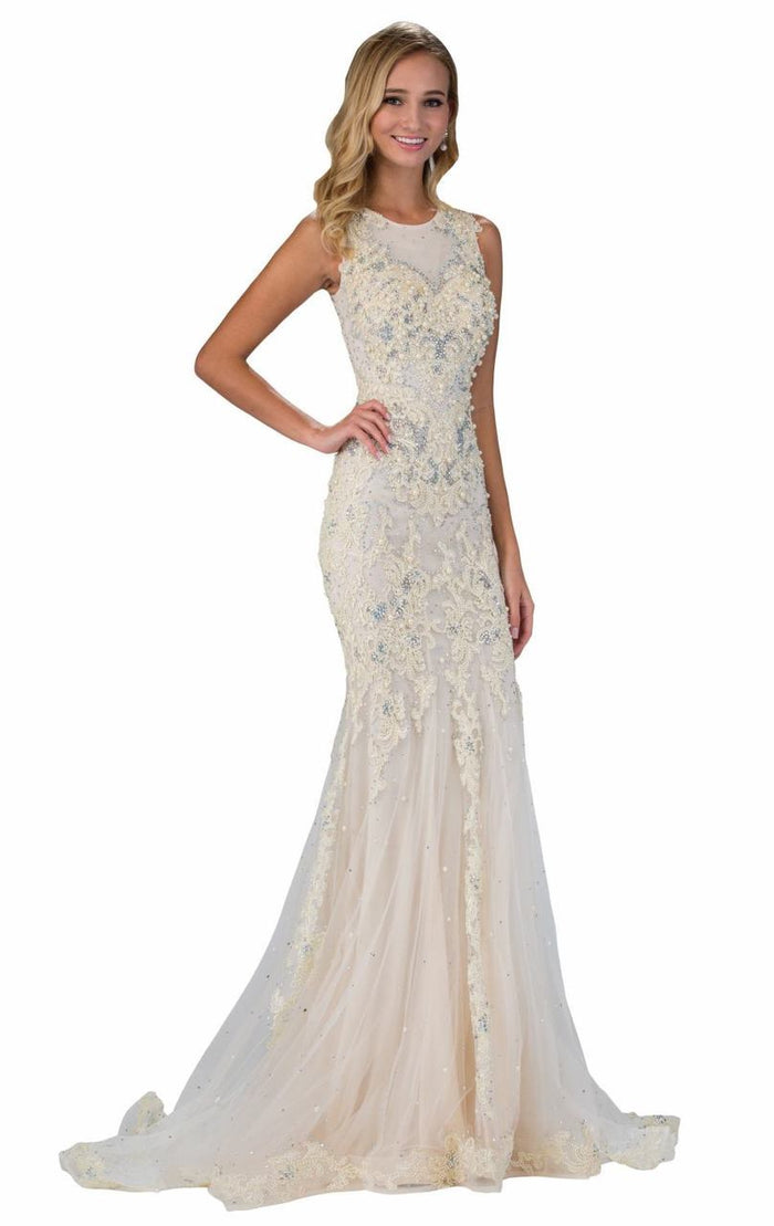Elizabeth K Bridal - GL1344 Bead and Pearl Embellished Jewel Neckline Jersey Gown Special Occasion Dress XS / Ivory