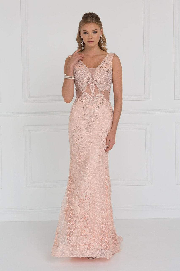 Elizabeth K Bridal - GL1533 Bead Embellished Fitted Evening Gown Special Occasion Dress XS / Peach
