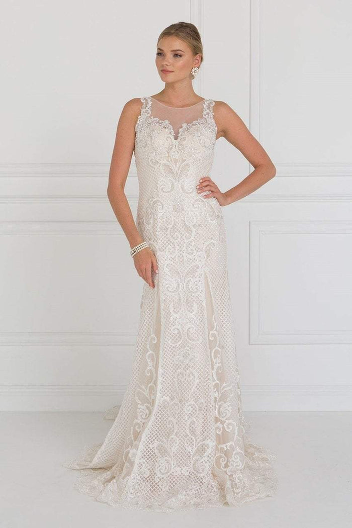 Elizabeth K Bridal - GL1588 Sleeveless Scroll Ornate Lattice Sheath Gown Special Occasion Dress XS / Ivory/Champagne