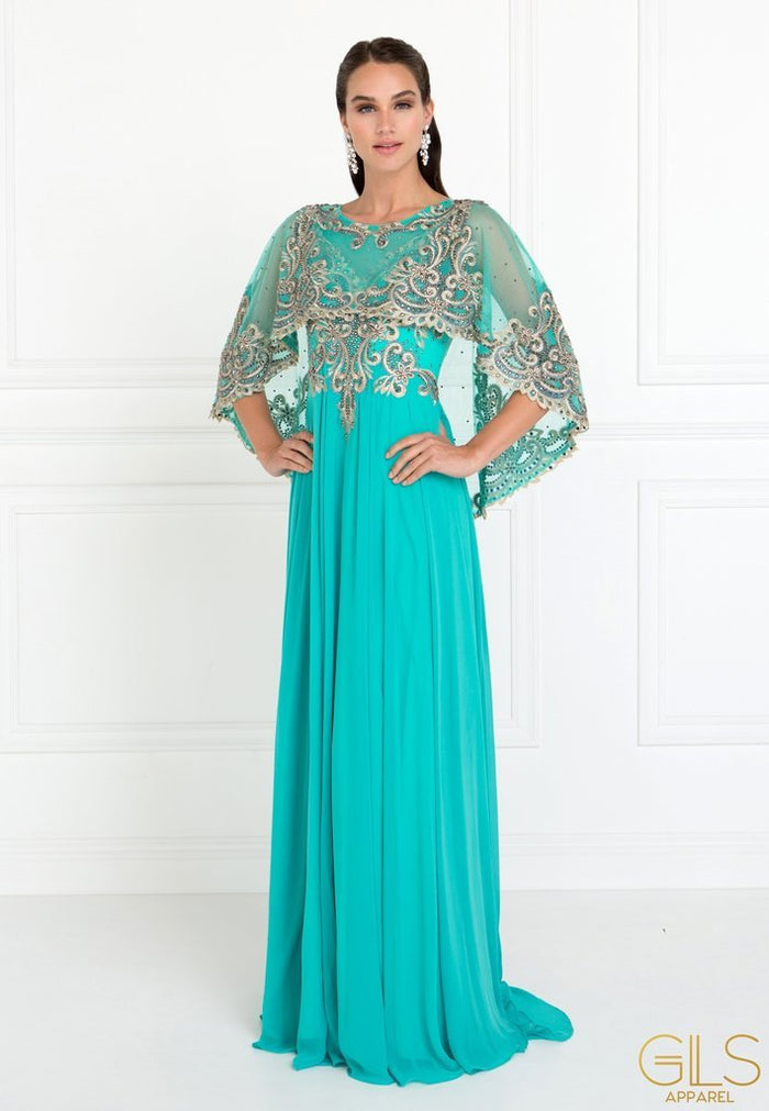 Elizabeth K - Embroidered Cape Sleeves Chiffon A-Line Dress GL1527 CCSALE 3XL / Green