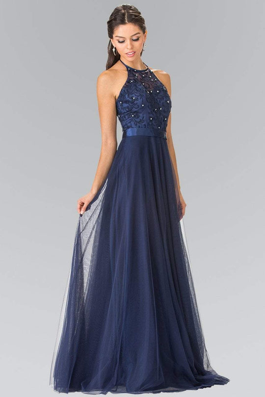 Elizabeth K Embroidered Lace Halter Long Gown - 1 pc Navy In Size M Available CCSALE M / Navy