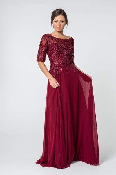 Elizabeth K - Embroidered Quarter Length Sleeve Chiffon Dress GL2811 - 1 pc Burgundy In Size S Available CCSALE S / Burgundy