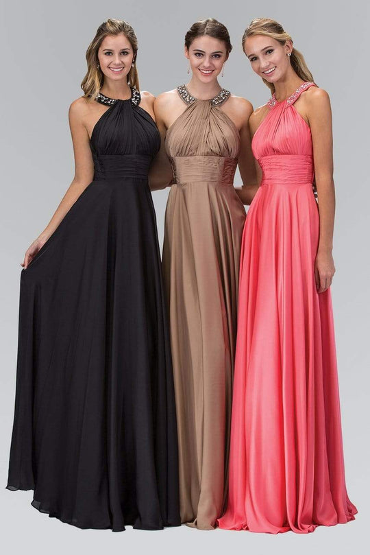 Elizabeth K - GL1013 Beaded Halter Empire Charmeuse Long Dress Bridesmaid Dresses XS / Black