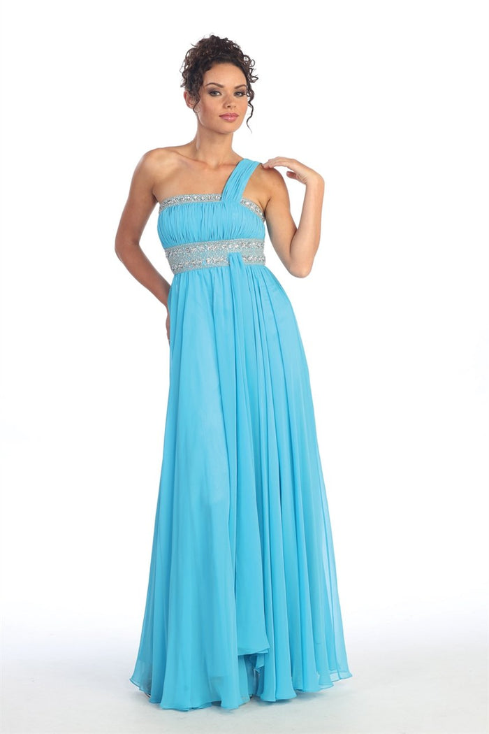 Elizabeth K - GL1015 One Shoulder Bejeweled Empire Long Dress Special Occasion Dress XS / Aqua