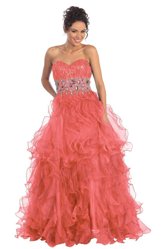 Elizabeth K - GL1026 Jeweled Sweetheart Long Ruffled Dress
