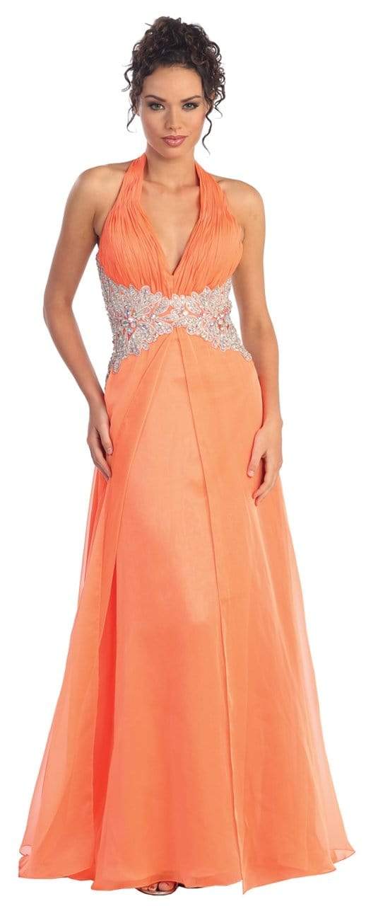 Elizabeth K - GL1046 Embellished Ruched Halter Neck Chiffon Dress Evening Dresses XS / Coral