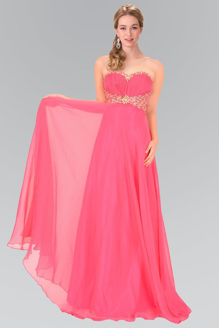 Elizabeth K - GL1075 Lavish Jeweled Strapless Chiffon Gown Special Occasion Dress XS / Hot Pink