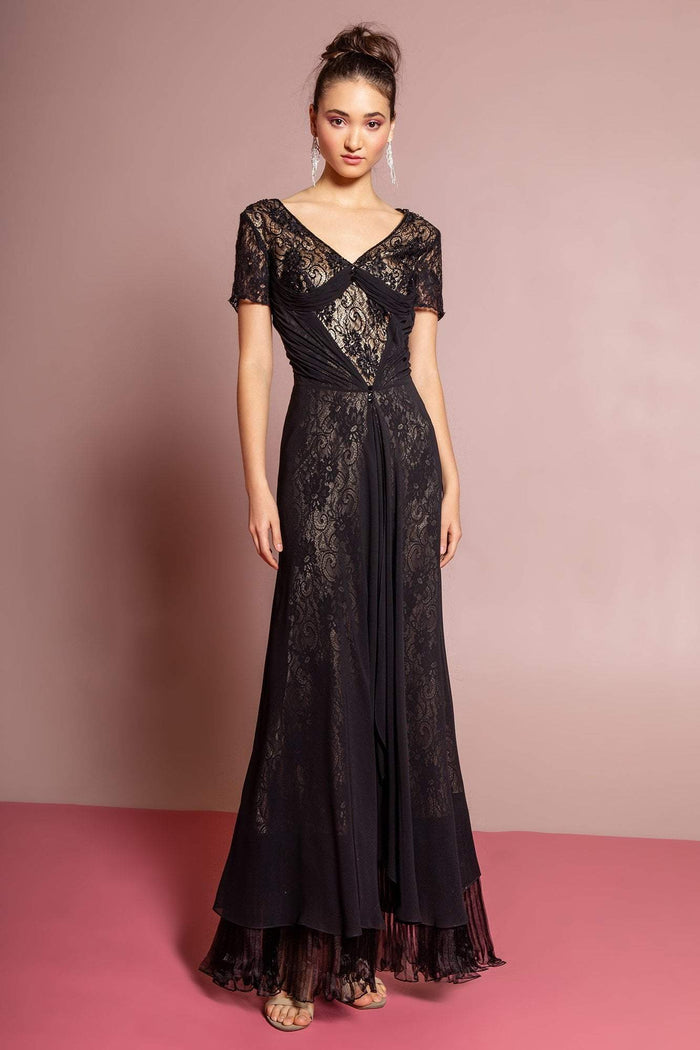 Elizabeth K - GL1081 Lace Embellished Short Sleeve V-neck Dress Special Occasion Dress XS / Black/Gold