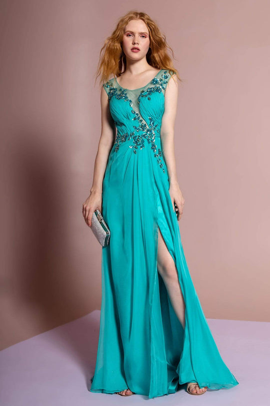 Elizabeth K - GL1088 Bejeweled Cap Sleeve Illusion Bateau Dress