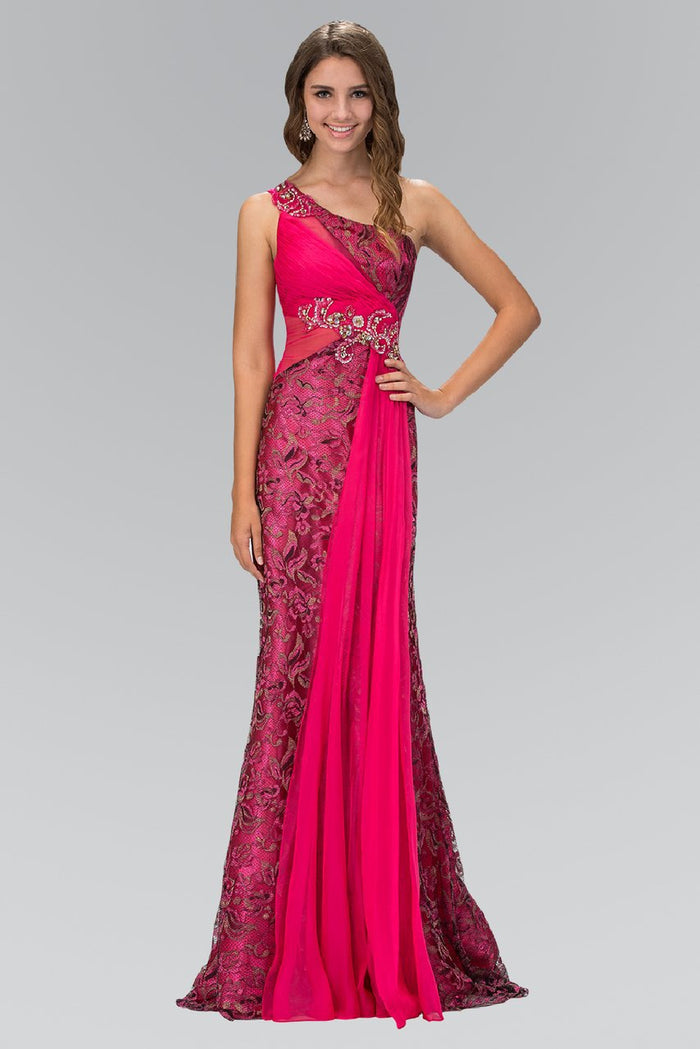 Elizabeth K - GL1095 Embellished Asymmetrical Neck Trumpet Dress Special Occasion Dress XS / Fuchsia