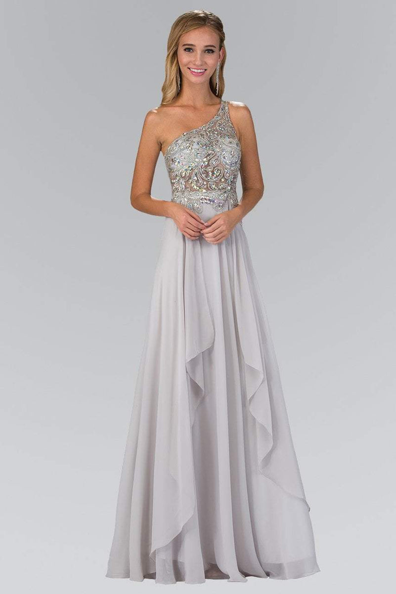 Elizabeth K - GL1128 Asymmetrical Bejeweled Chiffon Gown – Couture Candy