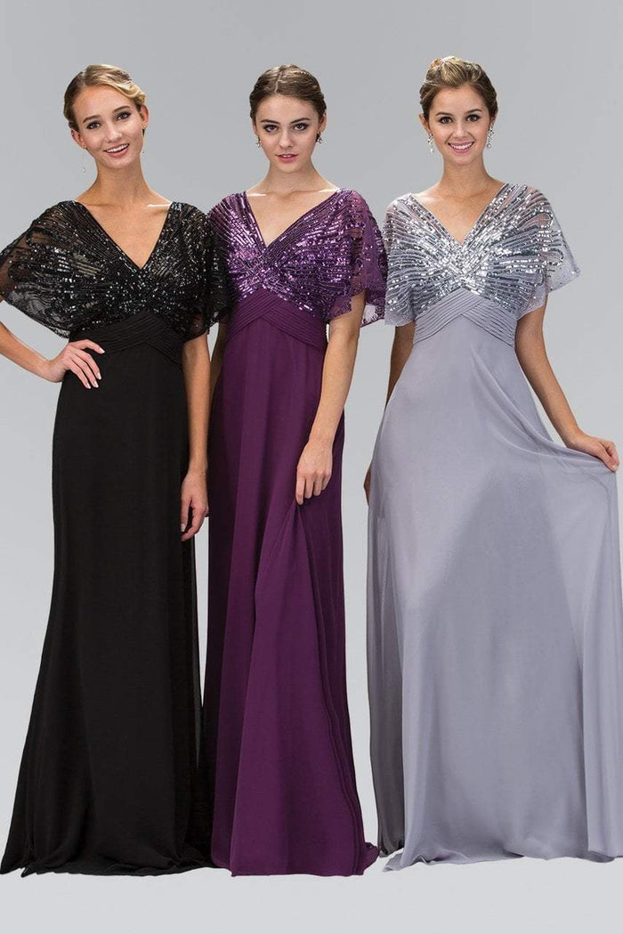 Elizabeth K - GL1145 Sequined V-neck Chiffon A-line Dress Special Occasion Dress XS / Black