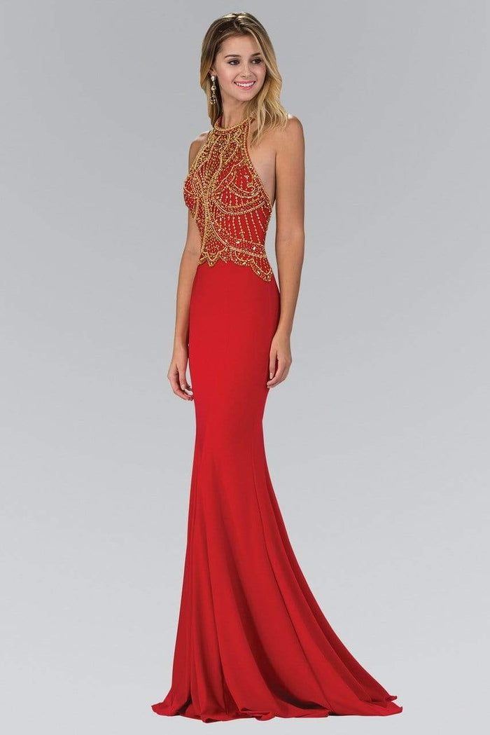Elizabeth K - GL1301 Bead Embellished Halter Neck Trumpet Gown Special Occasion Dress XS / Red