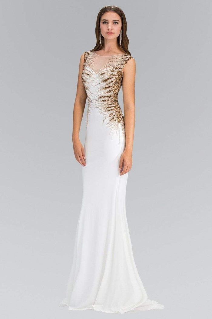 Elizabeth K - GL1306 Bead Embellished Boat Neck Jersey Gown Special Occasion Dress XS / Ivory/Gold