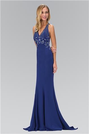 Elizabeth K - GL1337 Bejeweled V-neckline Sheath Gown Special Occasion Dress XS / Royal Blue
