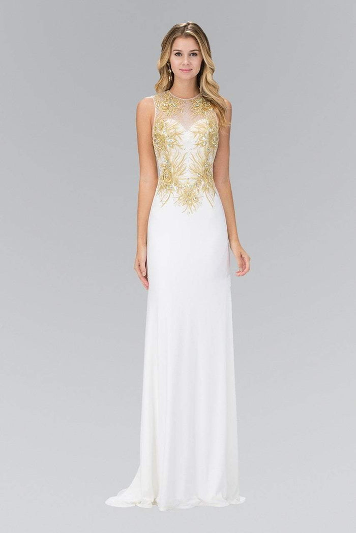 Elizabeth K - GL1343 Embellished Illusion Neck Jersey Gown Special Occasion Dress XS / Ivory/Gold