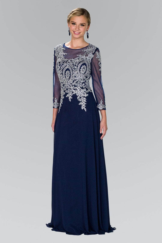 Elizabeth K - GL1368 Laced Bateau Neck Long Sleeve Dress