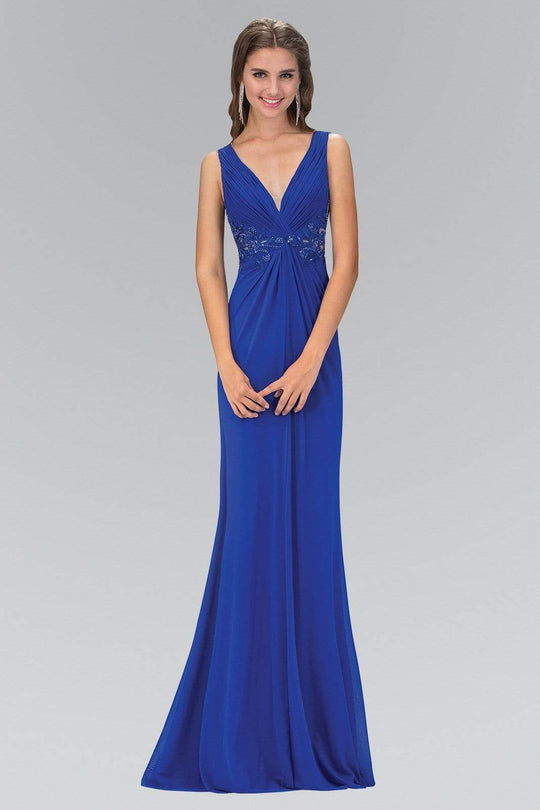 Elizabeth K GL1377 Embellished Ruched V-Neck A-line Dress - 1 Pc Royal Blue in Size XS Available CCSALE XS / Royal Blue