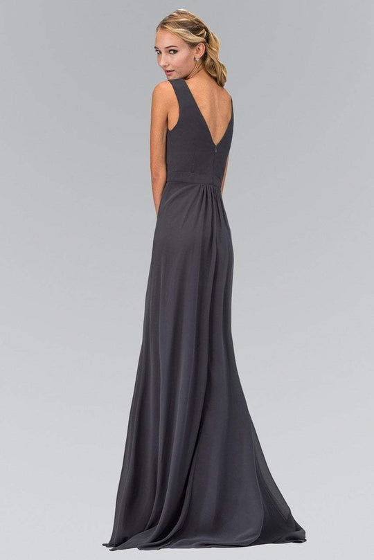 Elizabeth K - GL1389 Jewel-Accented Pleated V-Neck Chiffon Dress