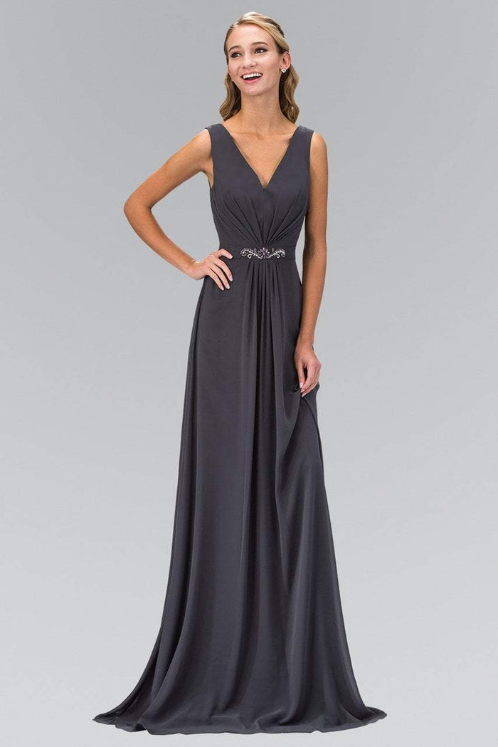 Elizabeth K - GL1389 Jewel-Accented Pleated V-Neck Chiffon Dress Special Occasion Dress XS / Charcoal