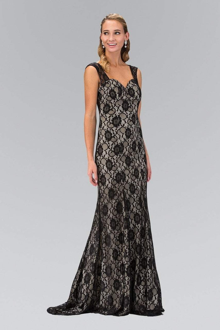 Elizabeth K - GL1396 Long Contrast Lace Sheath Gown Special Occasion Dress XS / Blk/Nude