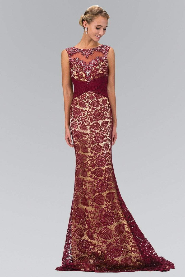 Elizabeth K - GL1415 Bejeweled Illusion Trumpet Gown Special Occasion Dress XS / Burgundy