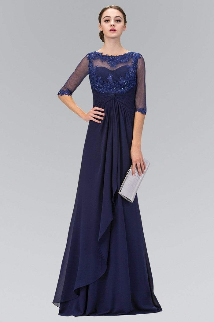 Elizabeth K - GL1424 Sheer Sleeves and Back Chiffon A-line Gown Special Occasion Dress XS / Navy