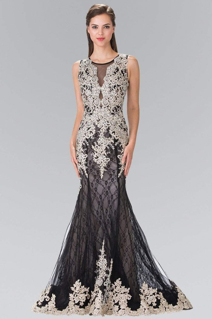 Elizabeth K - GL1462 Ornate Lace Illusion Trumpet Gown Evening Dresses XS / Black/Gold