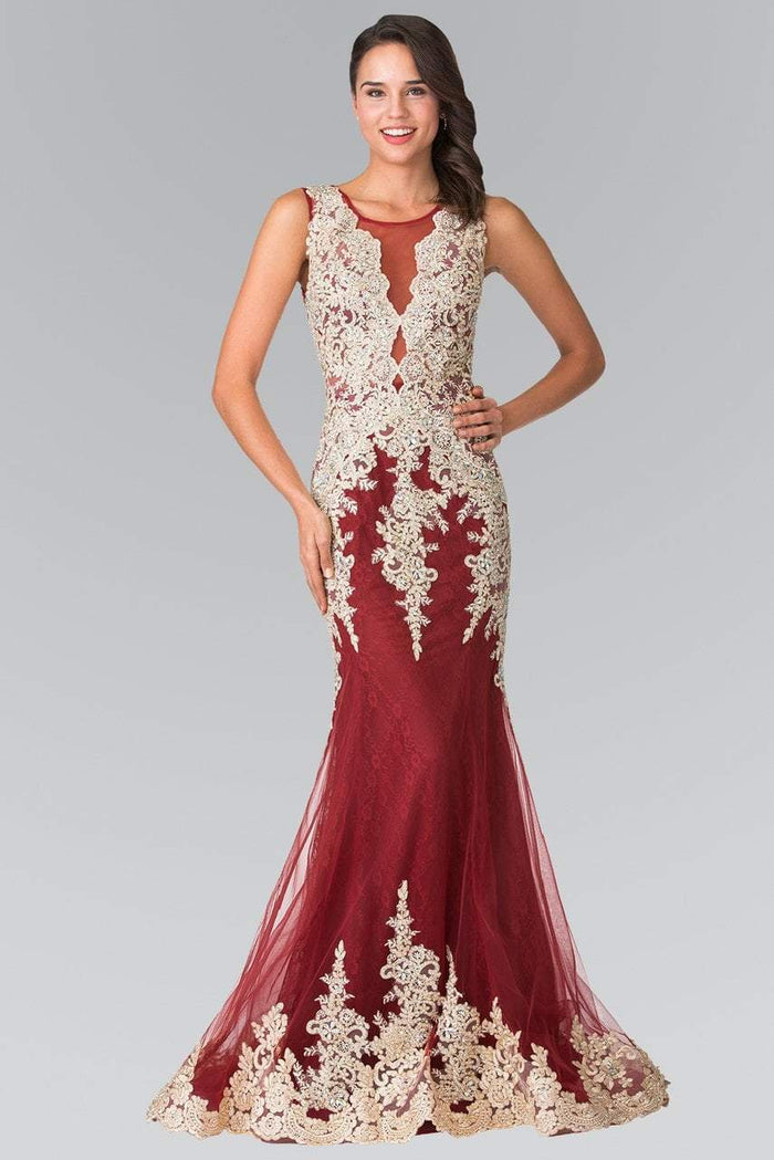 Elizabeth K - GL1462 Ornate Lace Illusion Trumpet Gown Evening Dresses XS / Burgundy/Gold