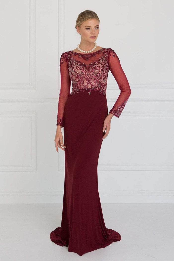 Elizabeth K - GL1506 Sheer Long Sleeves Sequined Evening Dress Special Occasion Dress XS / Burgundy