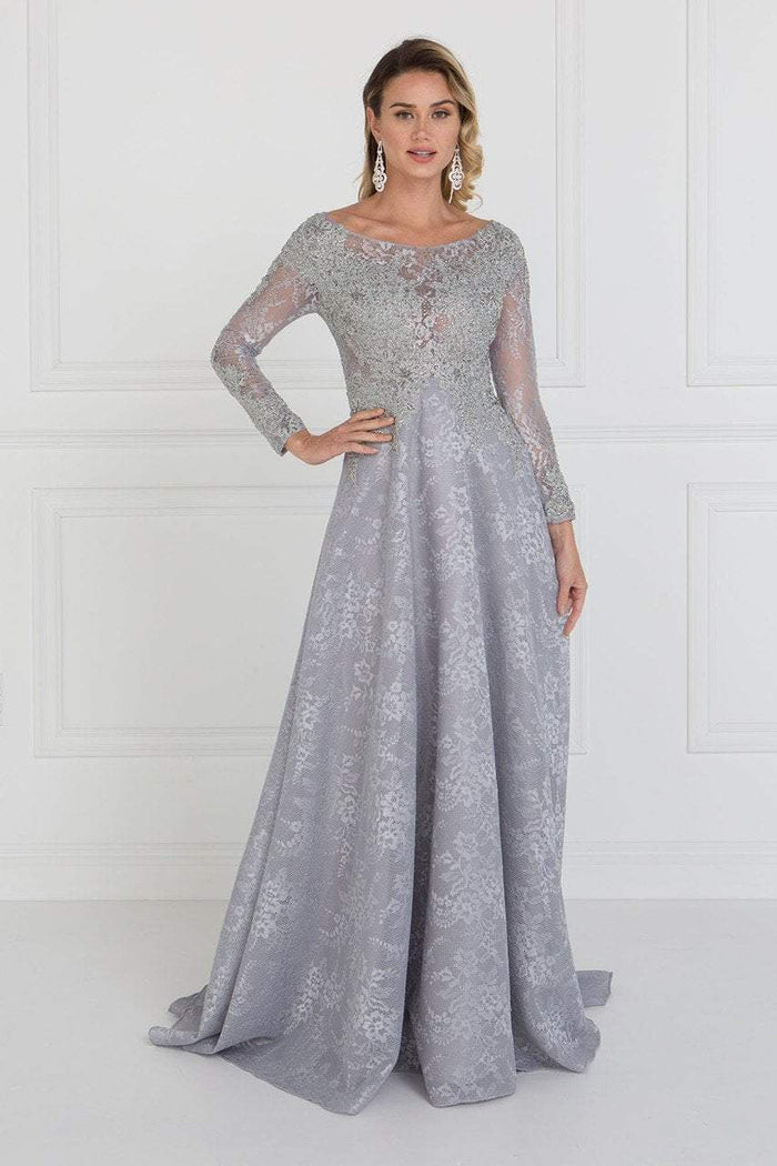 Elizabeth K - GL1537 Lace Long Sleeve Illusion Bateau A-line Dress Special Occasion Dress XS / Silver