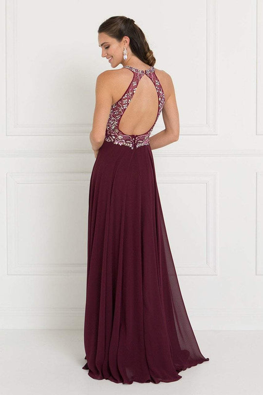 Elizabeth K - GL1564 Bedazzled Illusion Halter Chiffon A-line Dress