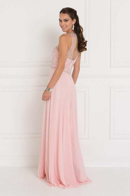 Elizabeth K - GL1572 Embellished Illusion Jewel Chiffon A-line Dress