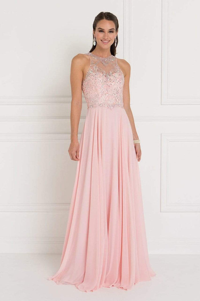 Elizabeth K - GL1572 Embellished Illusion Jewel Chiffon A-line Dress Bridesmaid Dresses XS / Blush