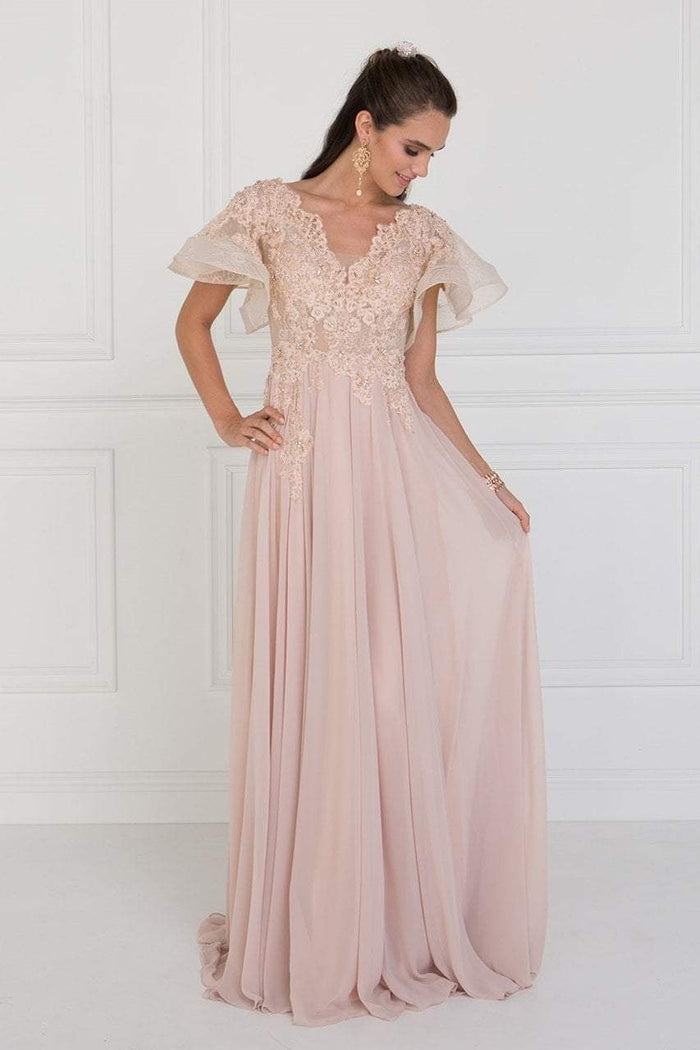 Elizabeth K - GL1587 Short Butterfly Sleeve Floral Lace A-Line Gown Special Occasion Dress XS / Champagne