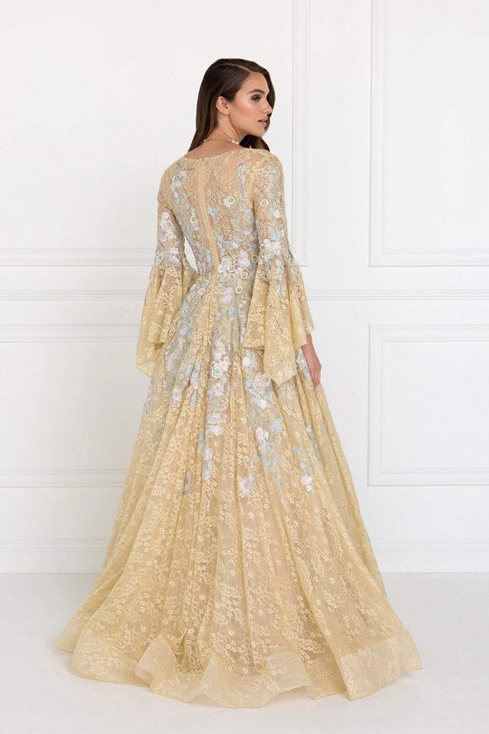 Elizabeth K - GL1592 Flounce Sleeve Floral Embroidered Lace Ballgown