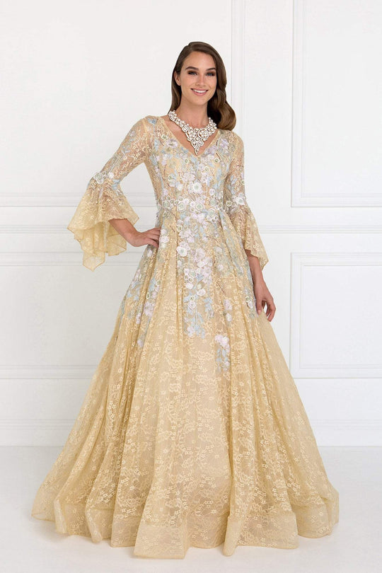 Elizabeth K - GL1592 Flounce Sleeve Floral Embroidered Lace Ballgown